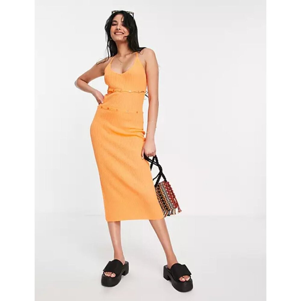 NA-KD Elin Warnqvist Ribbed Knit Midi Dress Orange Button Detail Cut Outs Small